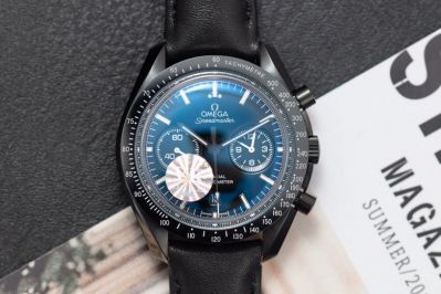 Replica Omega Speedmaster Men Leather Strap Blue Dial Swiss 9300 Automatic Movement Watch 45mm